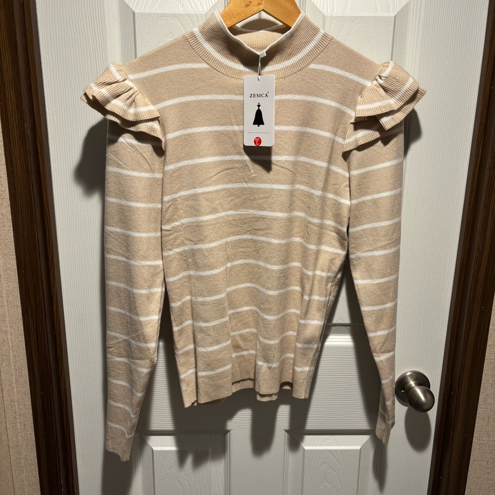 Zesica Beige Striped Sweater with Ruffle Sleeves NWT